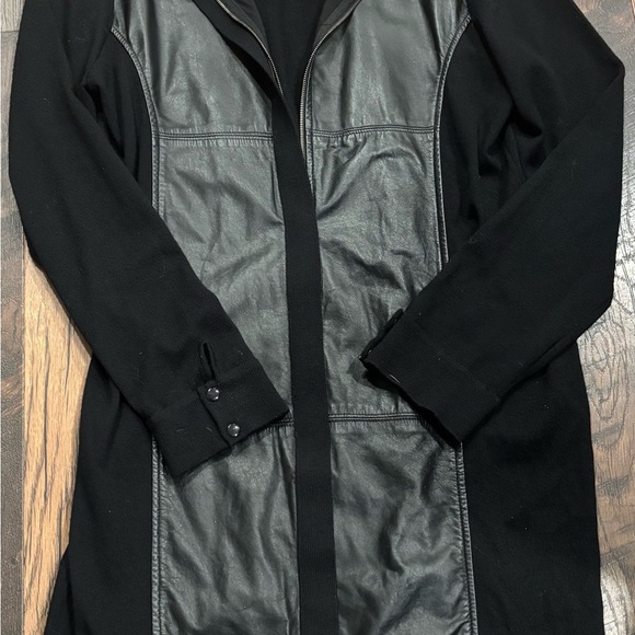 White + Warren Black 100 Merino Wool with Leather Trim Jacket in size Large - Picture 12 of 16